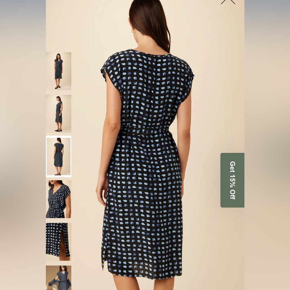 Amour Vert Womens Cindra 100% Silk Midi Dress BLACK & WHITE Dotted Cap Sleeves - Picture 2 of 10